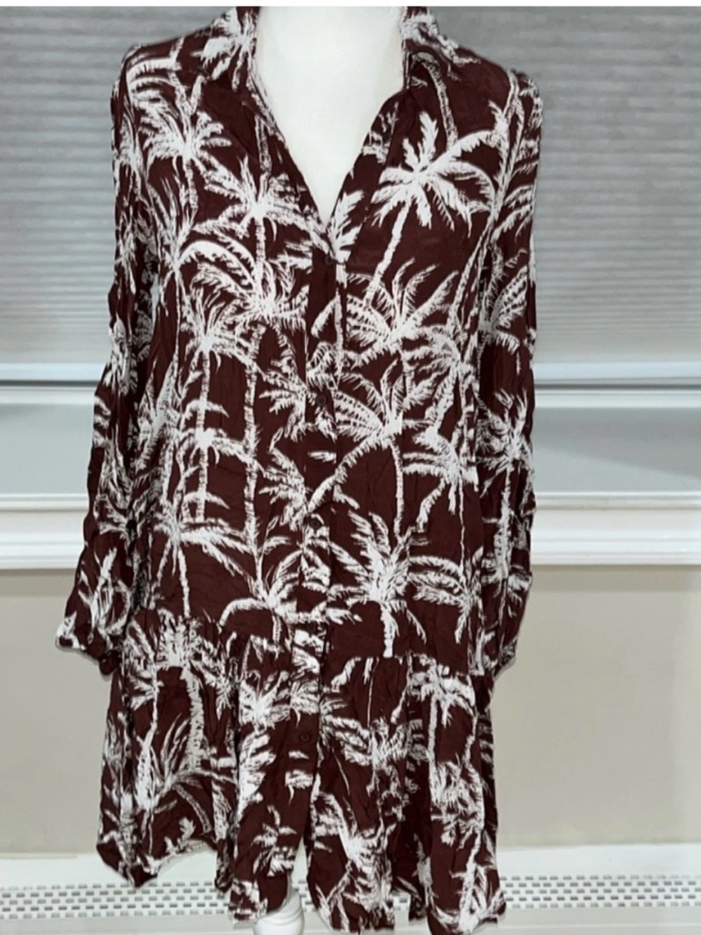 Express Brown and White Long Sleeve Palm Print Dress